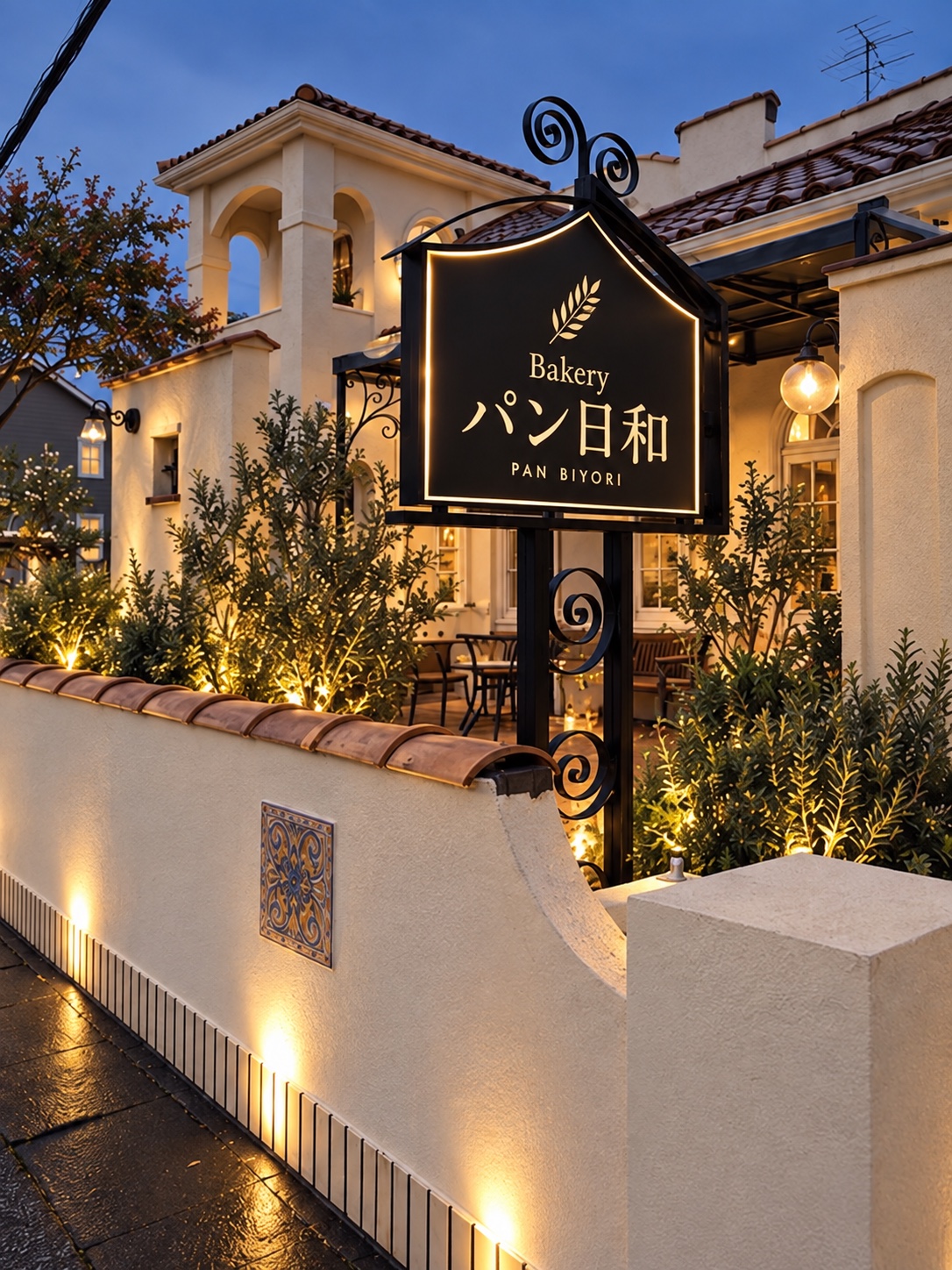 パン日和の看板と、夕暮れに温かな灯りがともる白壁の店舗外観